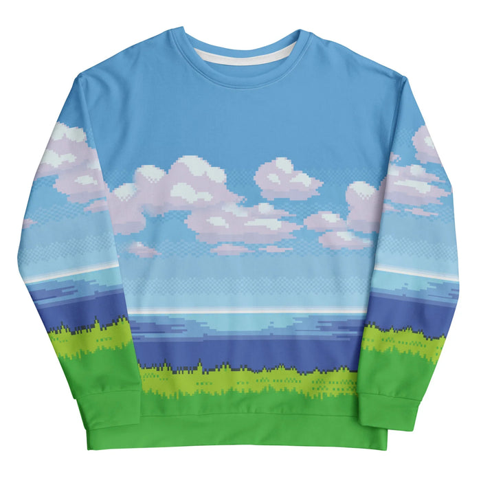 A nostalgic, pixelated landscape reminiscent of a retro gaming console background is rendered in horizontal bands of low-resolution block art. Contact us with accessibility feedback, we'd love to help!