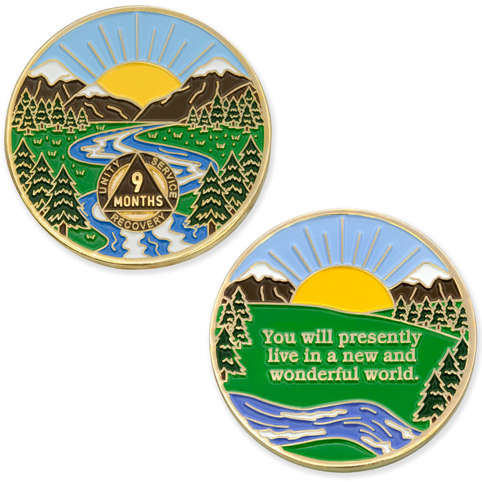 9 Month Sobriety Mint Winding River Gold Plated AA Recovery Medallion - Nine Month Chip/Coin