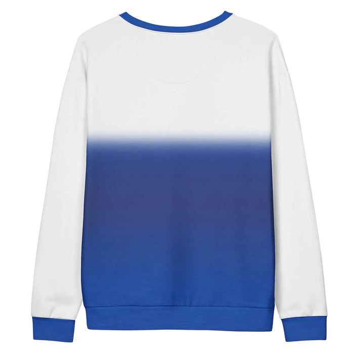 90s Internet Kid Sweatshirt - The literal depiction of "surfing the web" featuring a youth balancing on a beige mechanical keyboard with a corded mouse tether against a gradient Earth, accented by royal blue ribbing (#274EA0) and crimson red underline (#CC0000)