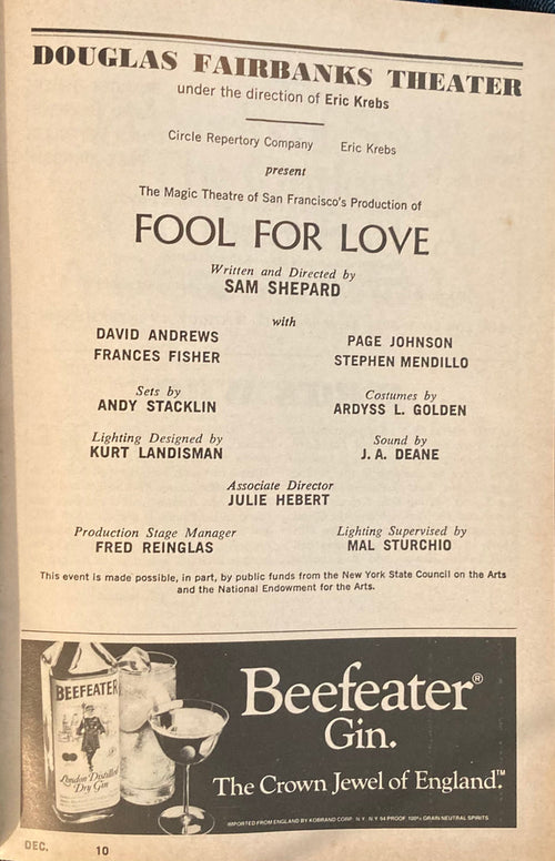 "Fool for Love." By Sam Shepard. Circle Reperatory Theatre, NY. Dec., 1984.