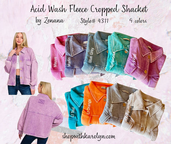 Acid Wash Fleece Cropped Shacket with Front Pockets by Zenana