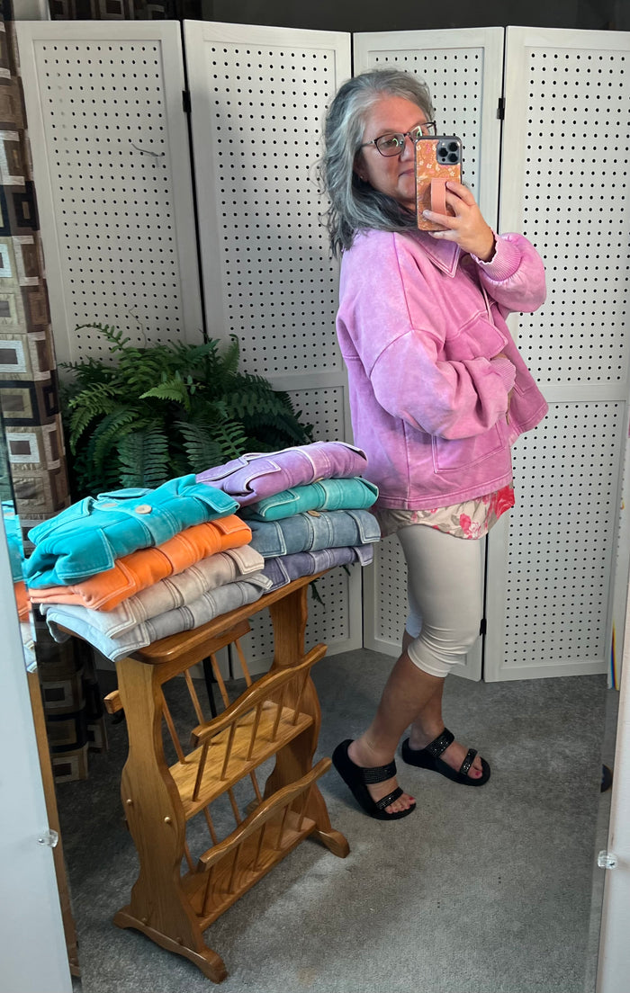 Acid Wash Fleece Cropped Shacket with Front Pockets by Zenana