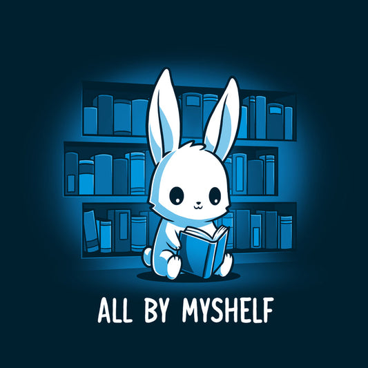 Premium Cotton T-shirt_TeeTurtle navy blue All By MyShelf featuring a cute white rabbit sitting in front of bookshelves, reading a book, with the text "All By MyShelf" written below.