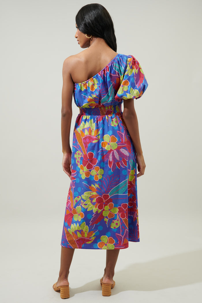 Amazonia Blue Bridgette One Shoulder Midi Dress
