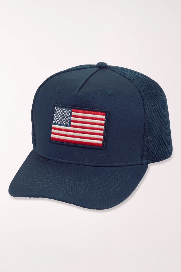 Navy baseball hat with an American flag embroidery