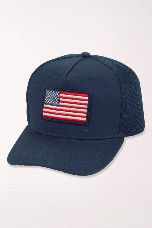 Navy baseball hat with an American flag embroidery