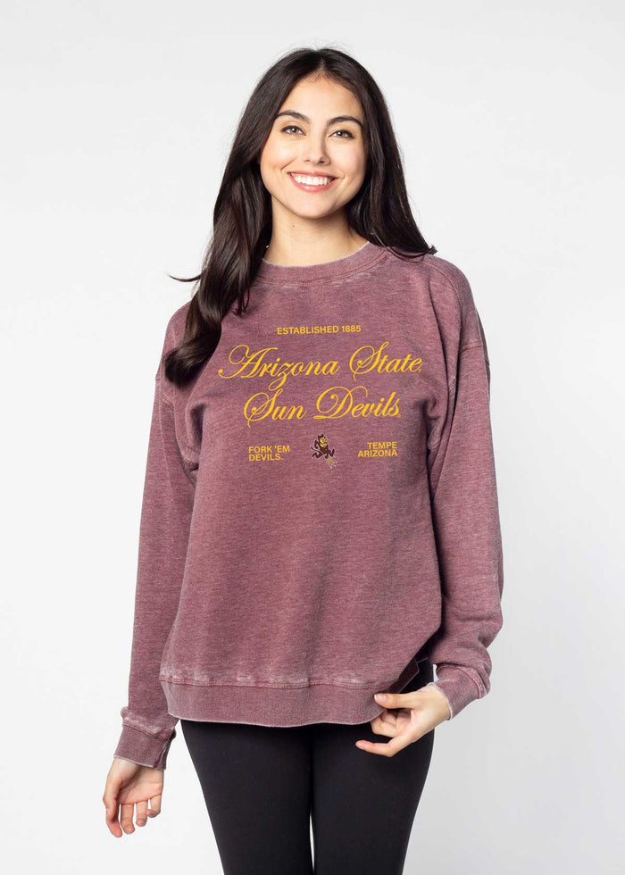 Arizona State Sun Devils Unisex Merlot Oversized Burnout fleece Sweatshirt with Ribbed crew neckline, cuffs, hem, dropped shoulders and relaxed bottom hem
