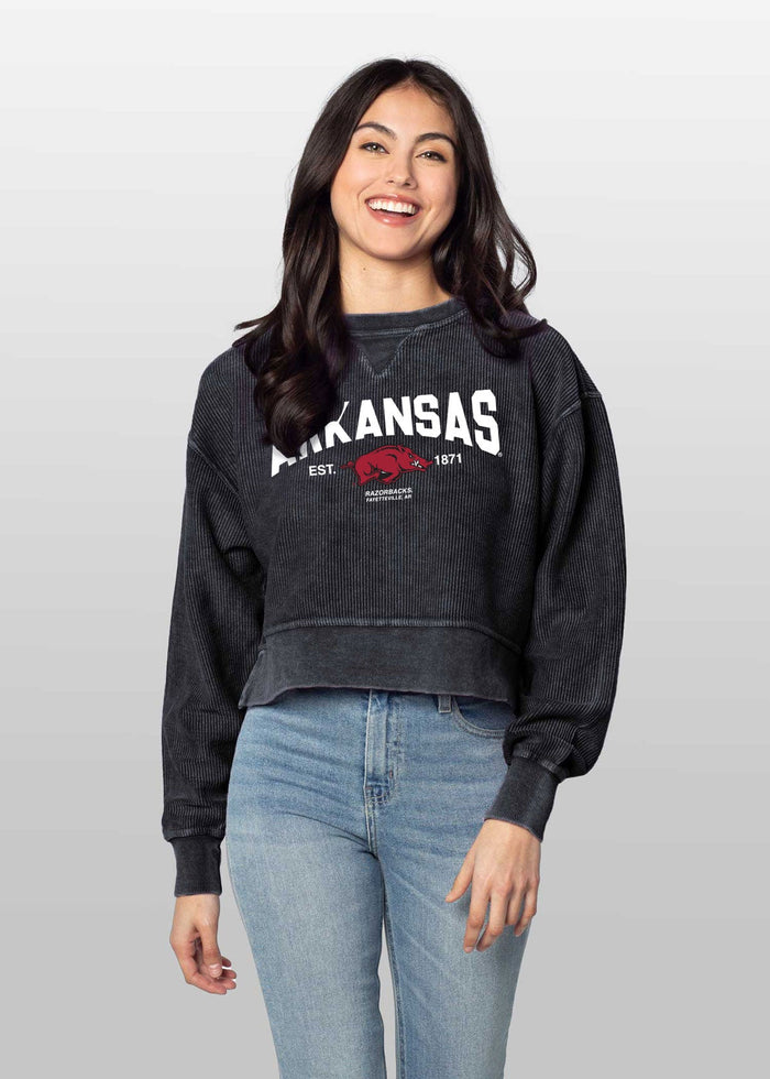 Arkansas Razorbacks Women's Black Relaxed Premium cotton corded fleece Sweatshirt with Super soft hand feel, vintage wash, side slits and ribbed crew neckline, cuffs, and hemline