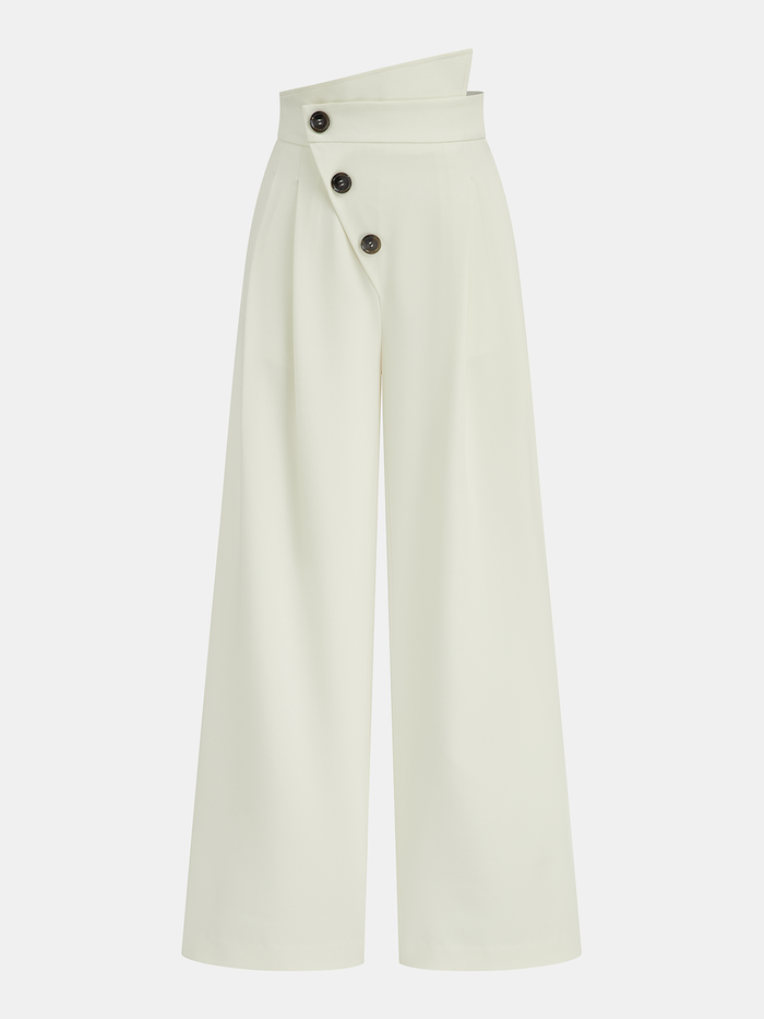 Asymmetric Button Mid-Waist Wide-Leg Pants