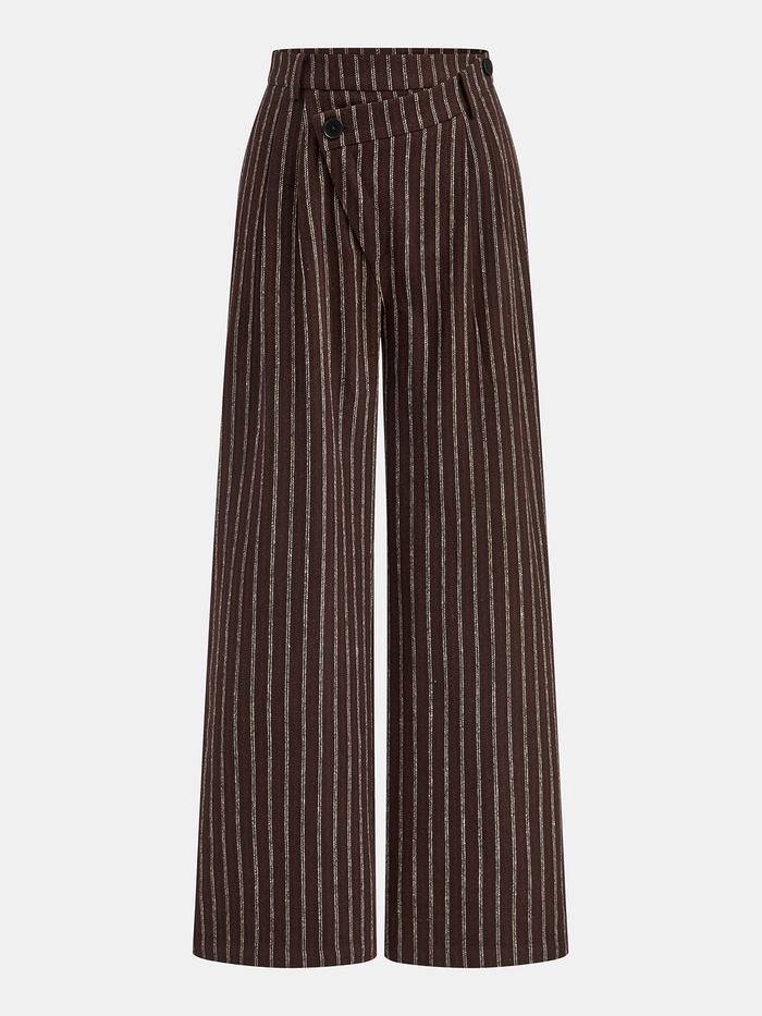 Asymmetric Placket Tweed Pinstripe Wide-Leg Pants