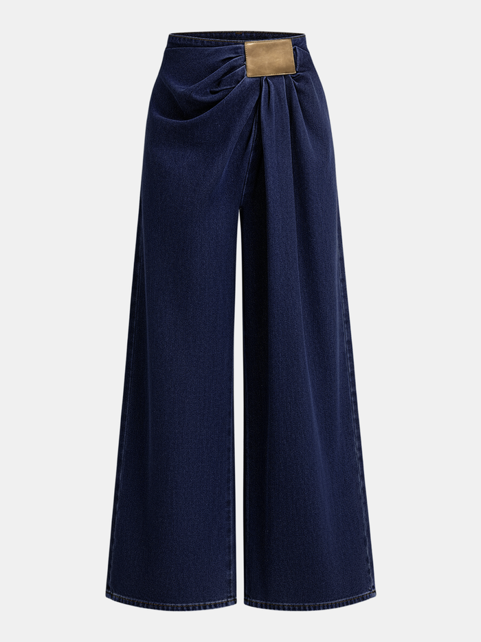Asymmetrical Ruched Denim Wide-Leg Pants
