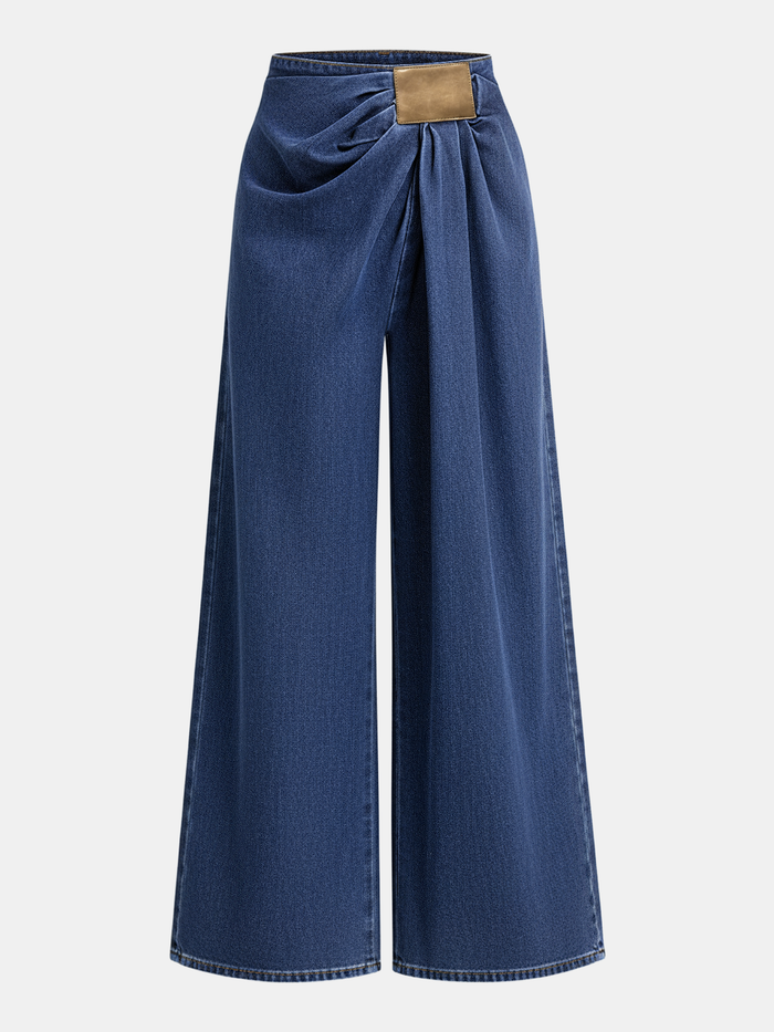 Asymmetrical Ruched Denim Wide-Leg Pants