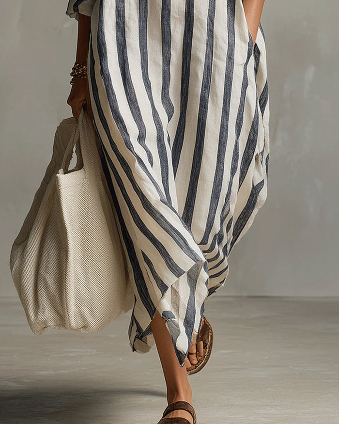Avenira - Robe Maxi Rayée À Col Revers Décontracté Chic