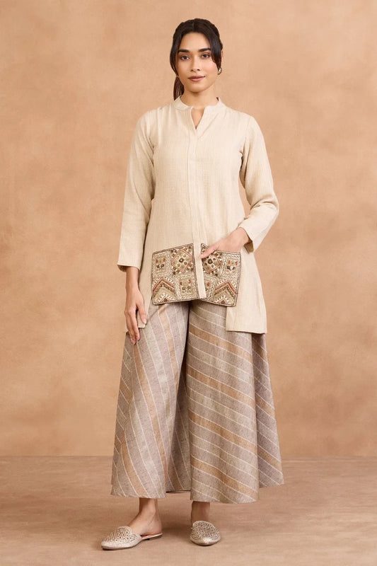 Beige Embroidered Kurta with Flared Palazzo Set