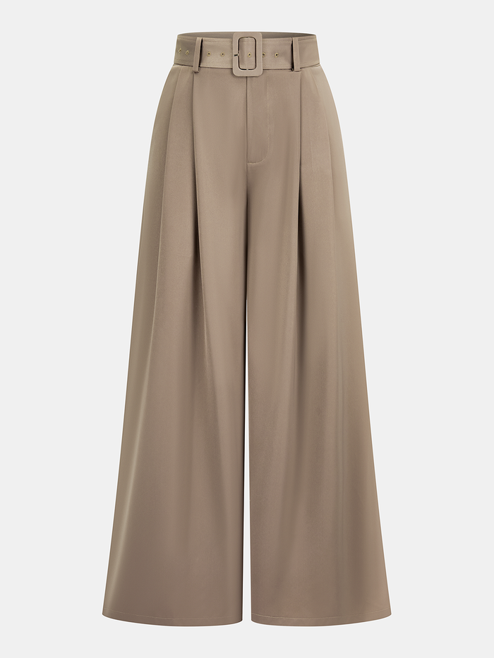 Belted Satin Pleated Wide-Leg Pants