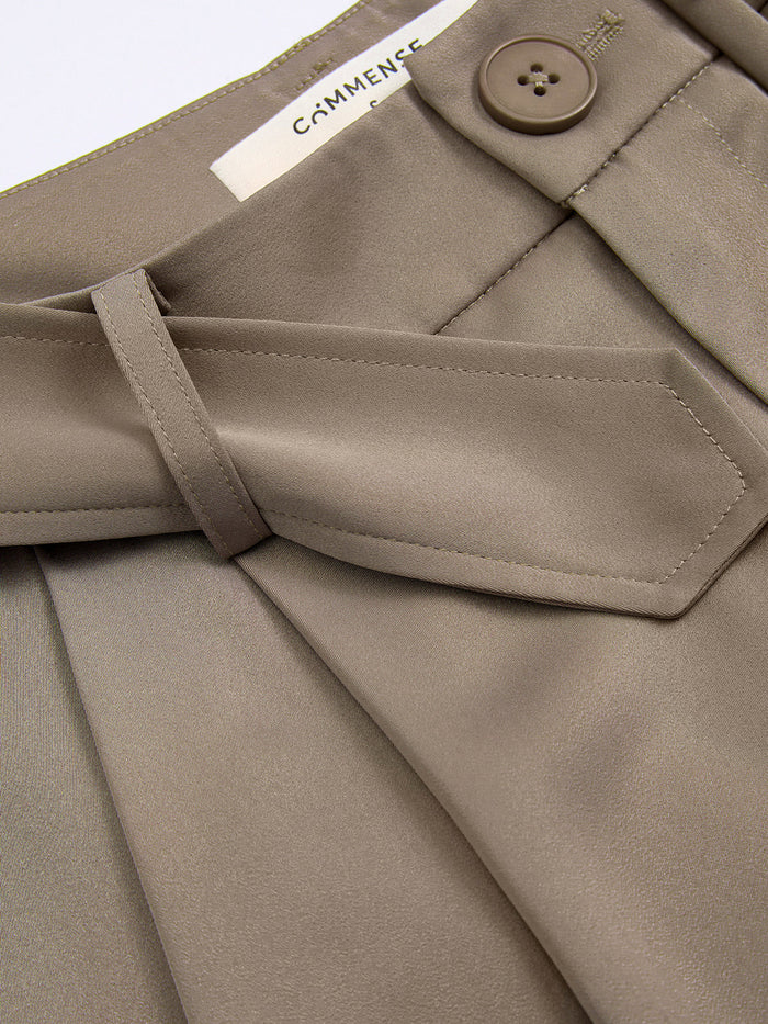 Belted Satin Pleated Wide-Leg Pants