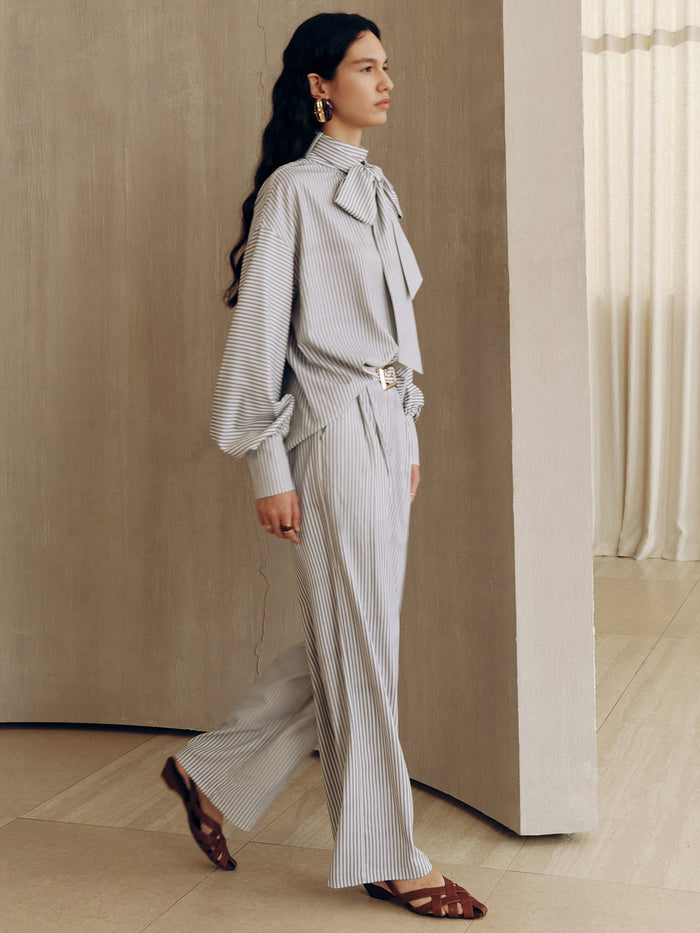 Belted Striped High-Waisted Wide-Leg Pants