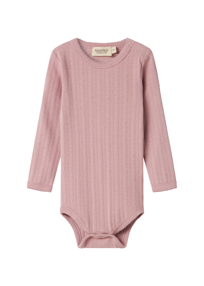 Pink pointelle bodysuit for children with long sleeves