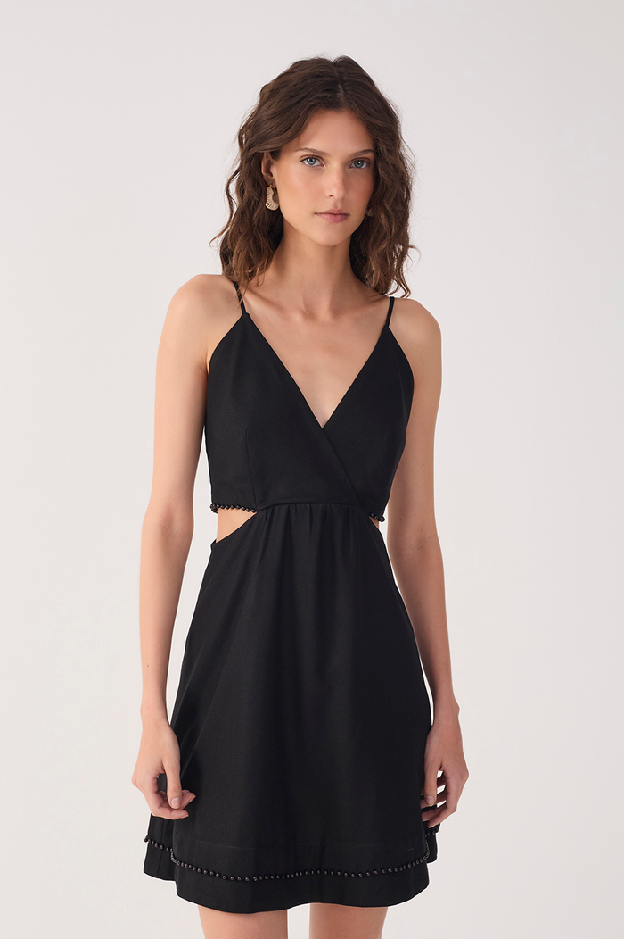 Black Bead Embroidered Linen Mini Dress_4