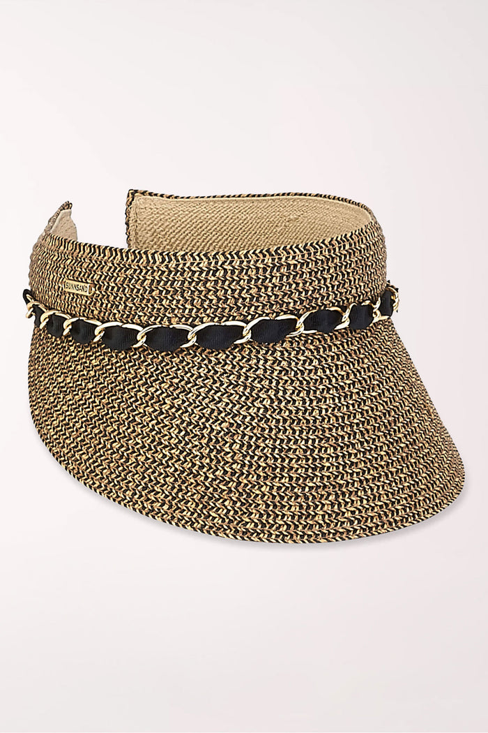 Brown woven visor with a black chain