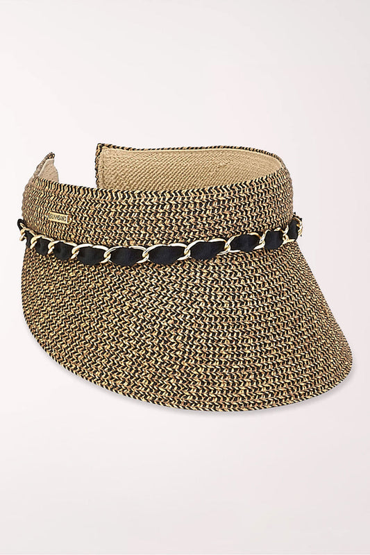 Brown woven visor with a black chain
