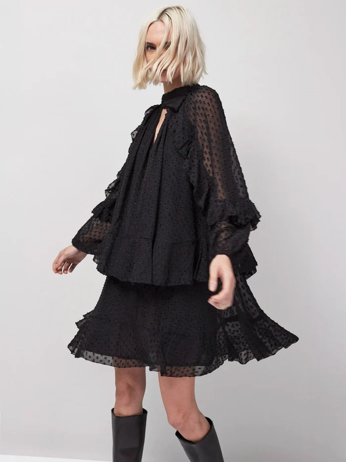 Black Dobby Ruffle Short Dress