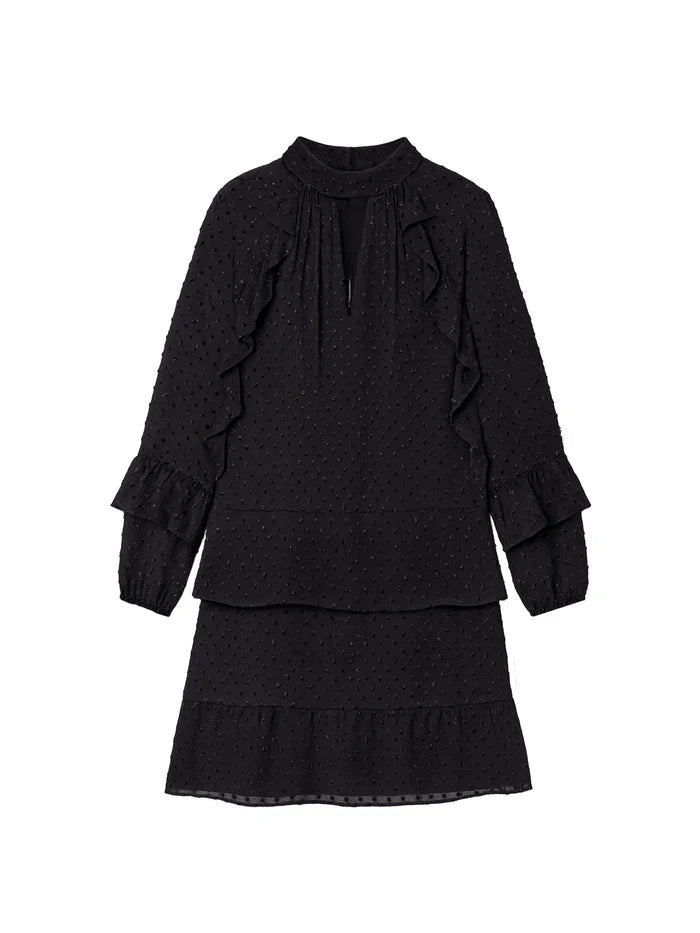 Black Dobby Ruffle Short Dress