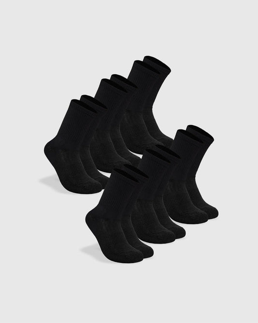Black Half Crew Socks 6-Pack arranged neatly, showcasing seamless and contoured design.