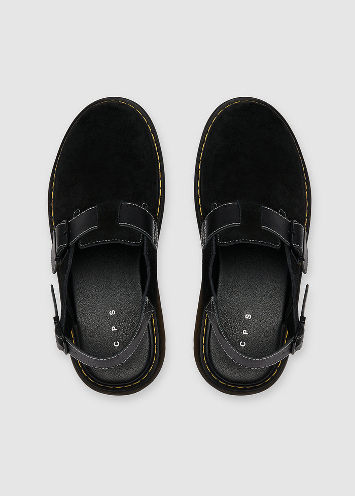 BLACK SUEDE SLING CLOGS