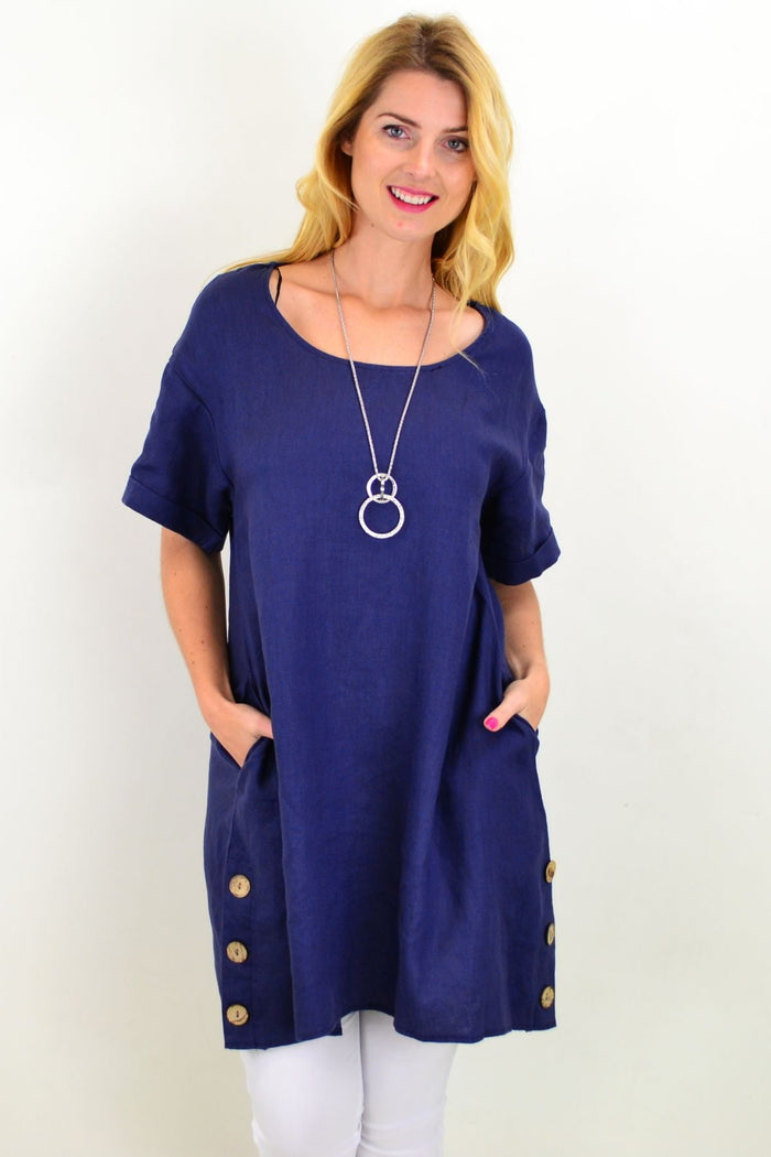Blue natural linen tunic shift dress by Cali&Co, showing a relaxed fit with long sleeves and a simple, elegant design.