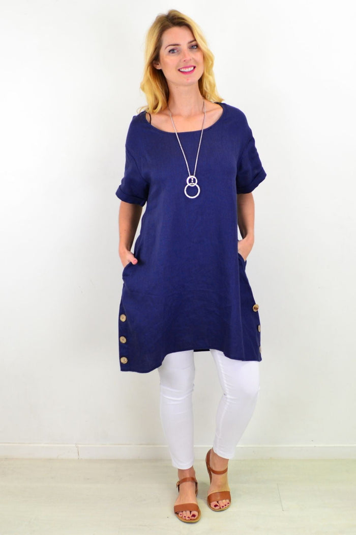 Blue natural linen tunic shift dress by Cali&Co featuring a relaxed fit and simple design, perfect for casual wear.