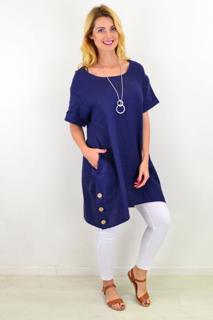 Blue natural linen tunic shift dress by Cali&Co, featuring a relaxed fit and simple design, perfect for casual wear.