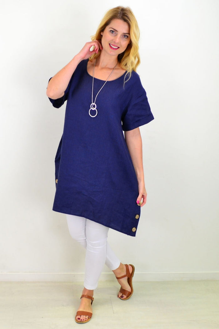 Blue natural linen tunic shift dress by Cali&Co, showing a relaxed fit with long sleeves and a simple, elegant design.