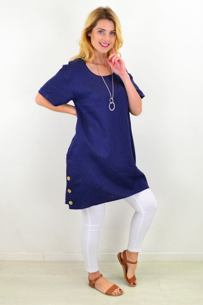 Blue natural linen tunic dress from Cali&Co featuring a relaxed fit, long sleeves, and simple elegant design.