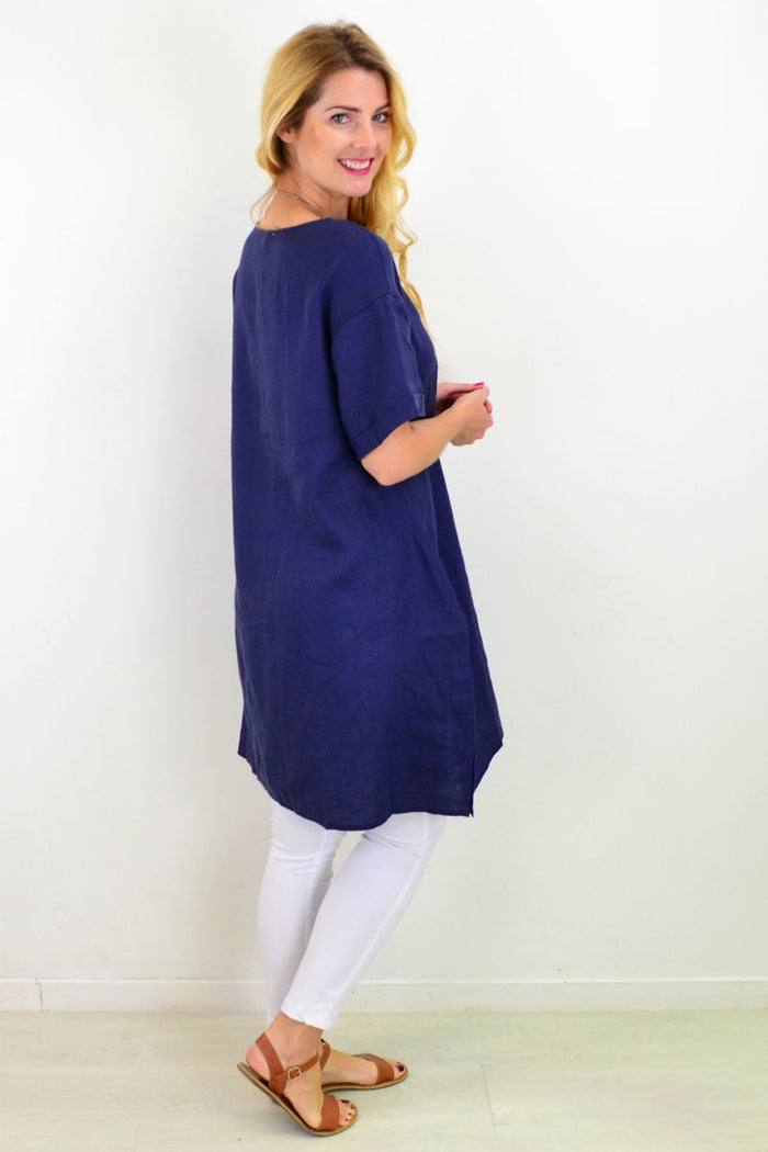 Blue natural linen tunic shift dress by Cali&Co, featuring relaxed fit and simple design, displayed on a hanger.
