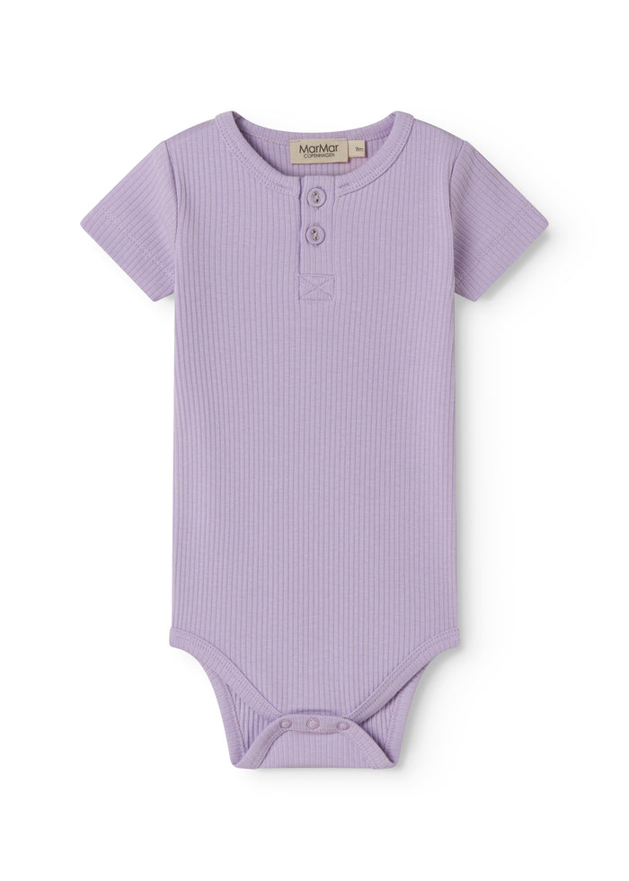 Short-sleeved baby modal bodystocking with peekaboo closure in a light purple shade.
