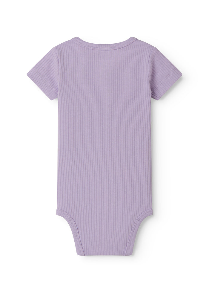 Short-sleeved baby modal bodystocking with peekaboo closure in a light purple shade.