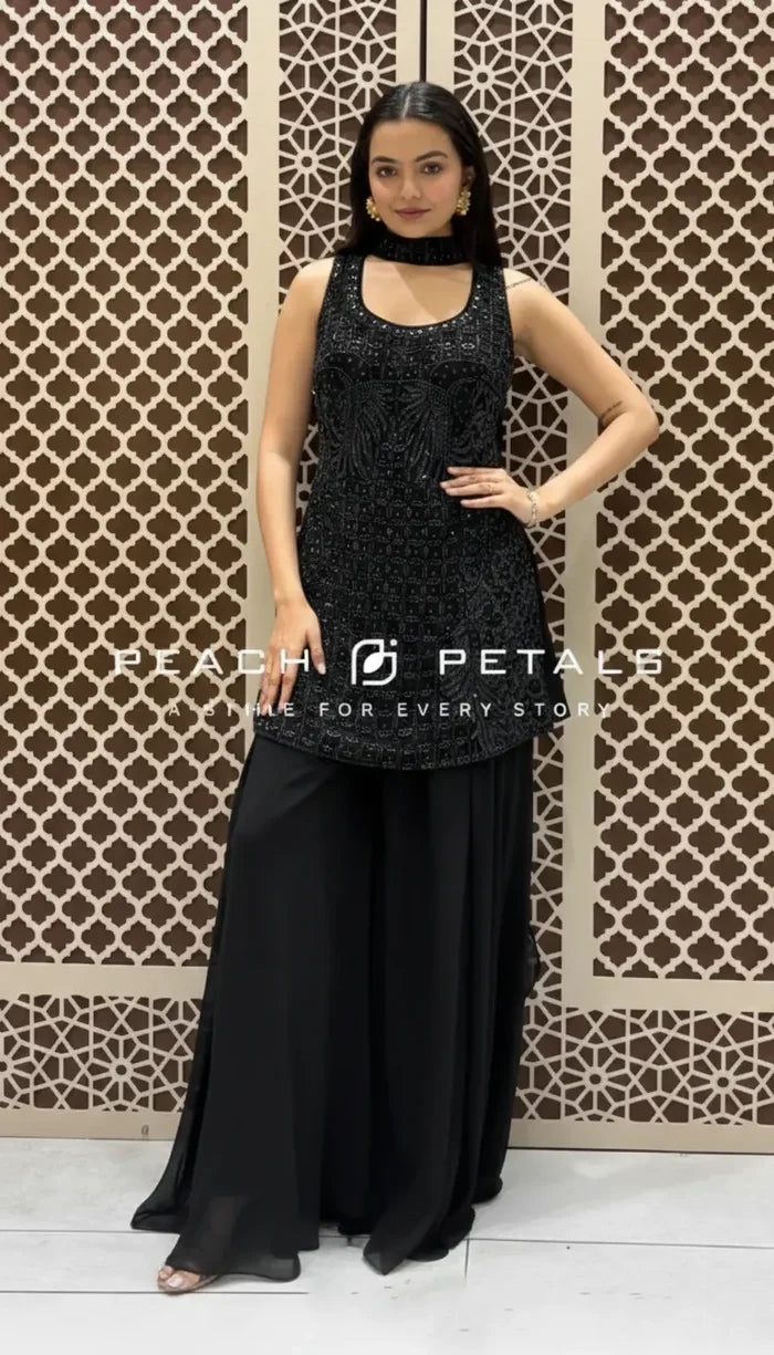 Bottle Green Sequin Embroidered Kurta & Sharara | Peach Petals