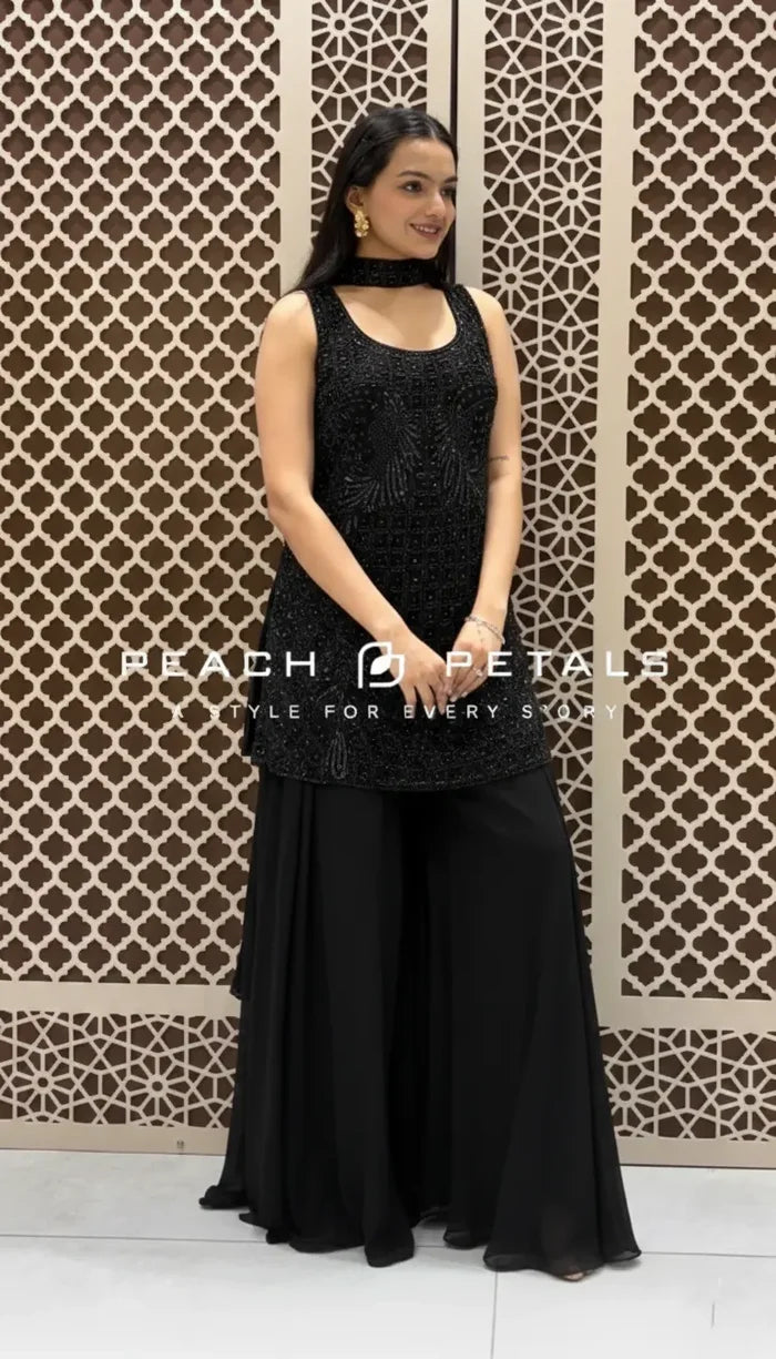 Bottle Green Sequin Embroidered Kurta & Sharara | Peach Petals