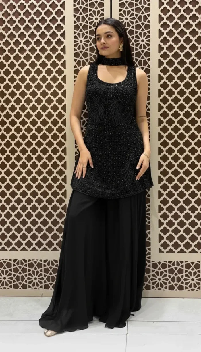 Bottle Green Sequin Embroidered Kurta & Sharara | Peach Petals