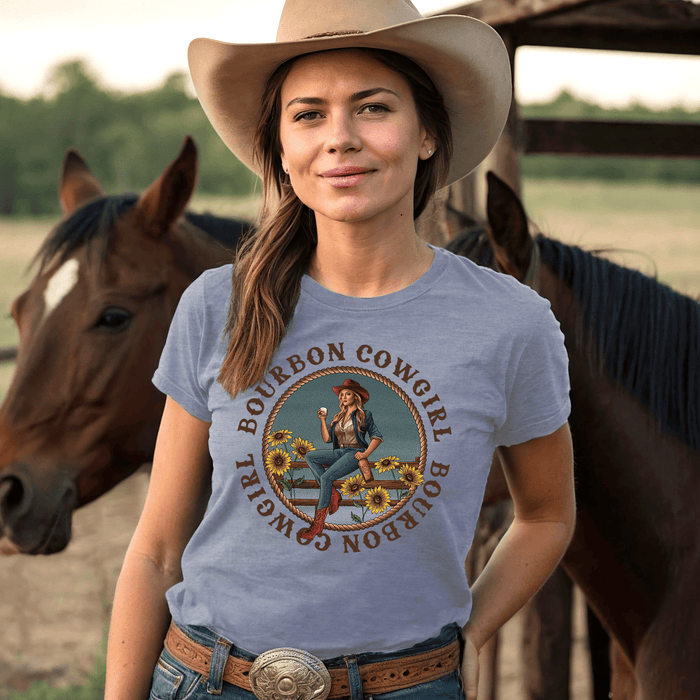 Bourbon Cowgirl heather blue tee, New BC logo.