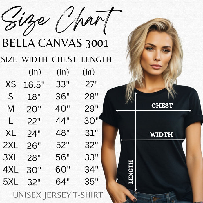 Bella Canvas 3001 unisex t-shirt size chart