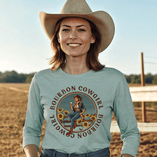 Cowgirl in Heather Dusty Blue shirt, Bourbon Cowgirl design