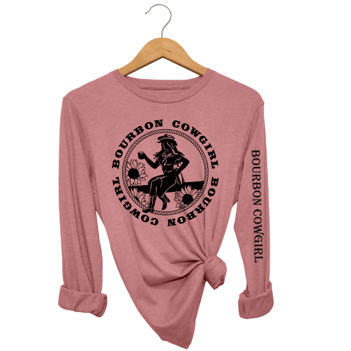 Mauve long-sleeve tee with Bourbon Cowgirl graphic