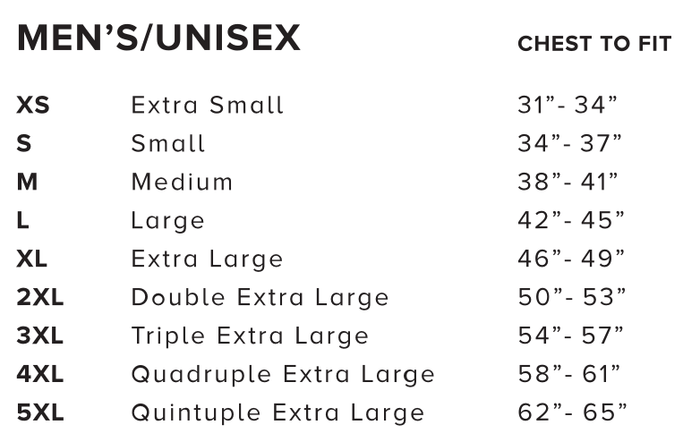 Men's/Unisex size chart with chest to fit, screenshot from July 4, 2024.