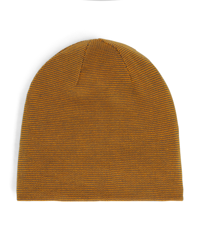 Brown knit beanie on a white background