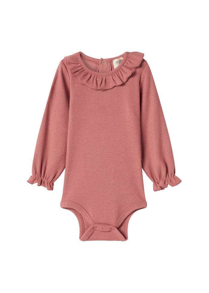 Dusty pink ribbed baby bodysuit with ruffle collar and long sleeves