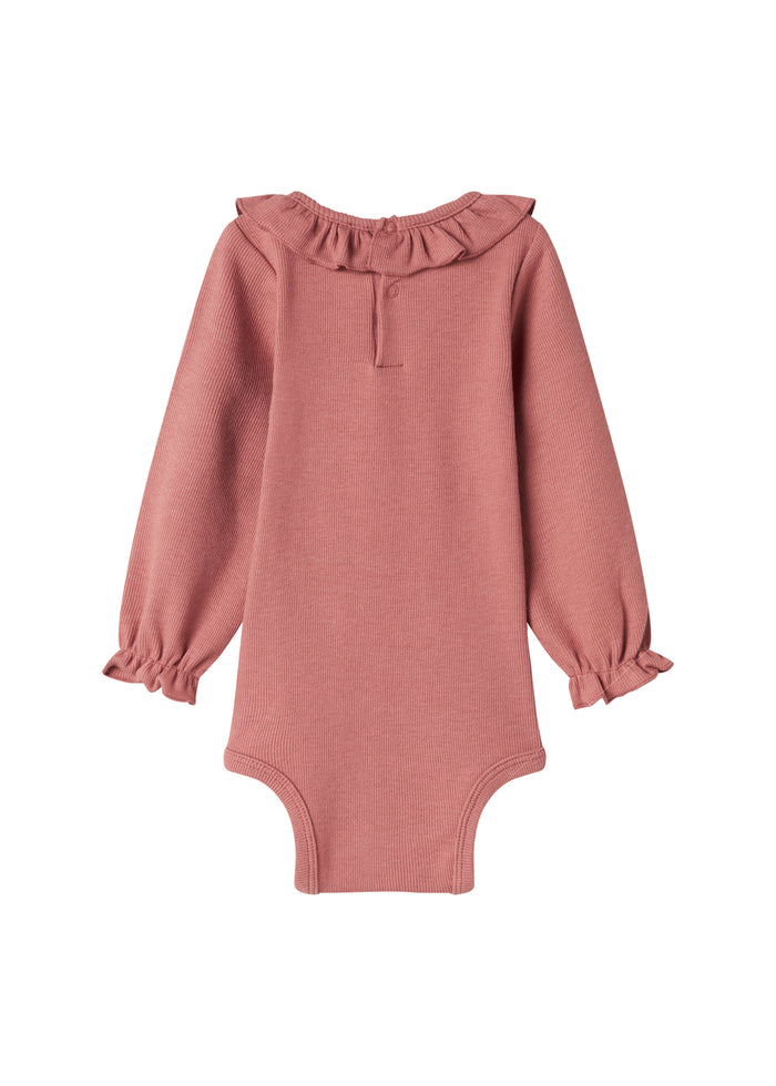 Dusty pink ribbed baby bodysuit with ruffle collar and long sleeves