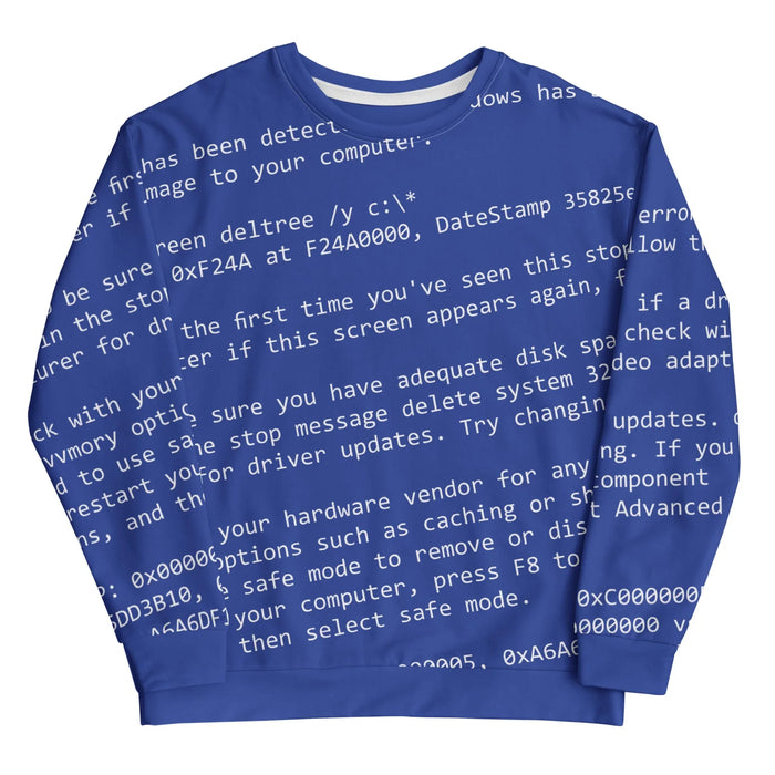 This sweatshirt channels digital doom with a Fatal Error Blue background covered in Command Prompt White monospace text—rows of fragmented diagnostic messages about driver updates, memory addresses (like 0xF24A0000), and hardware vendors. Contact us with accessibility feedback, we'd love to help!