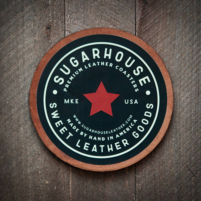 Round leather coaster with Sugarhouse logo